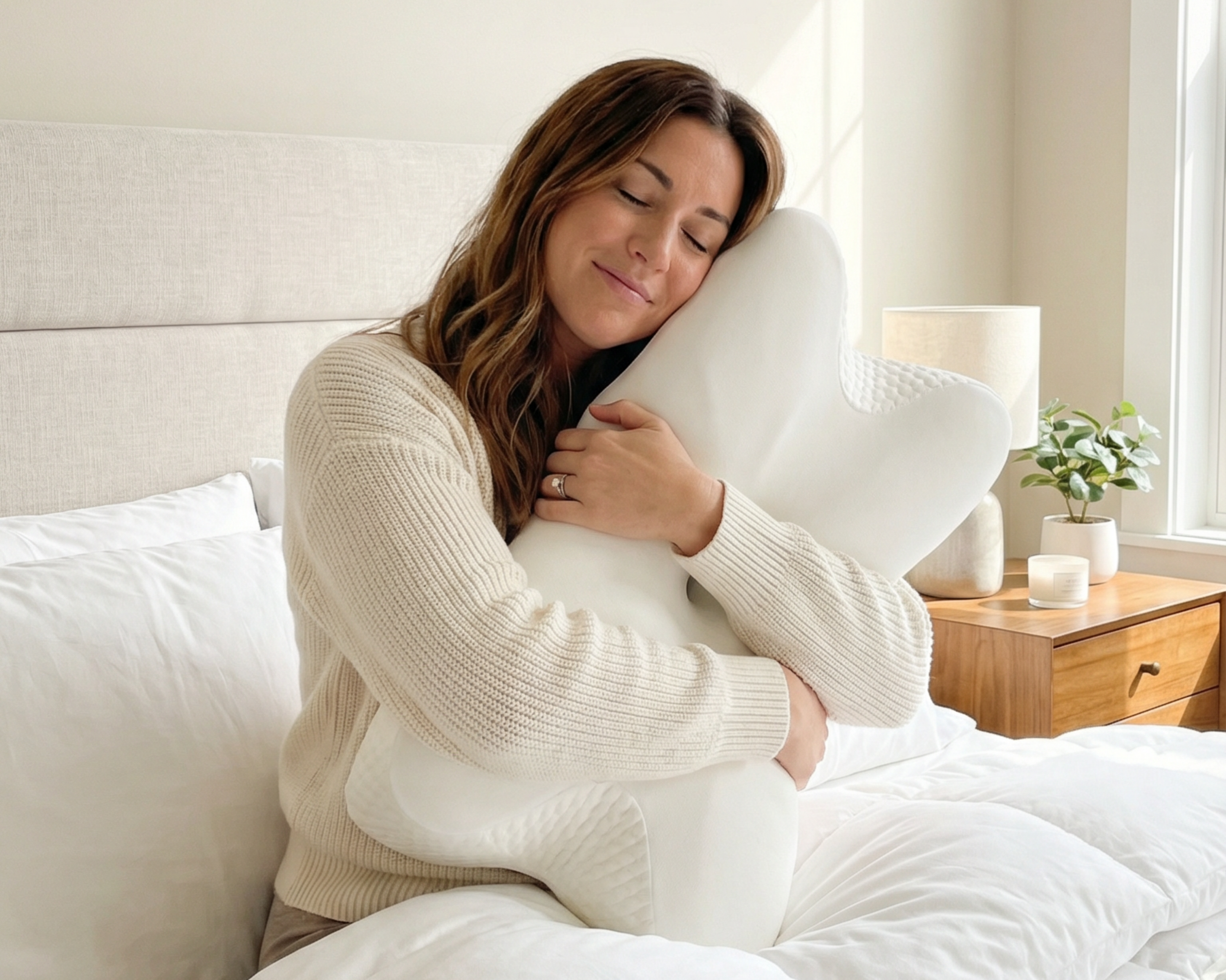 Donna che abbraccia il cuscino ergonomico traspirante